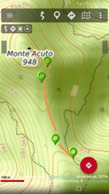 Il percorso della deviazione per la vetta del monte Acuto.