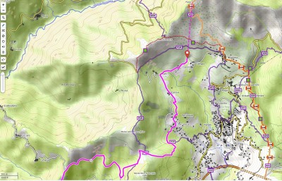 Seconda Parte della concatenazione: da notare che dalla loc. Cornaro il sentiero dovrebbe salire più o meno per direttissima, attraversando la strada asfaltata (vedi immagine seguente), il sentiero &quot;T&quot; gialla per poi riunirsi ai &quot;due cerchi gialli&quot; circa 300 m a S del passo di Colletti