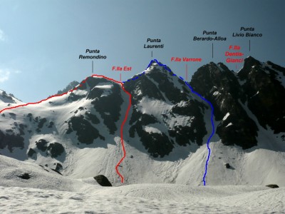 I canali della Forcella Est e della Forcella Varrone, con i percorsi di salita, dai pressi del Rifugio Remondino